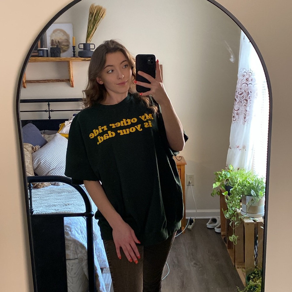 Gildan “My Other Ride is Your Dad” Dark Green Cutoff Sweatshirt Tee — Womens 2XL
